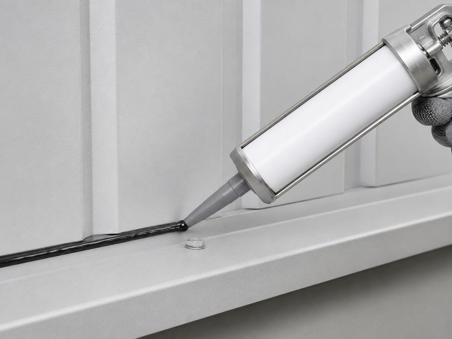 Black sealant bead being applied along a metal joint with a cartridge gun