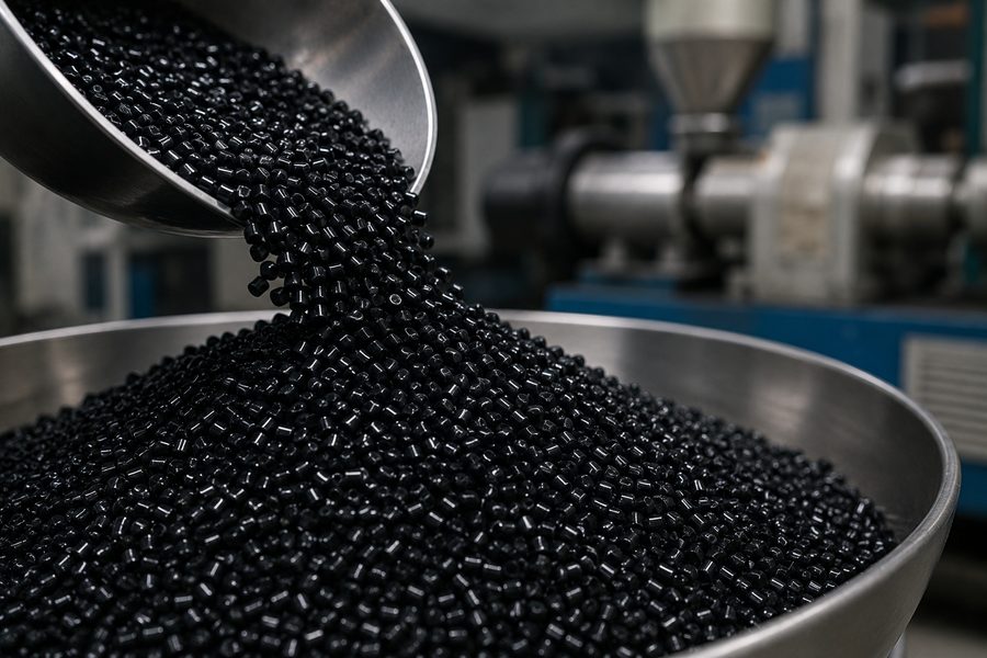 Black masterbatch pellets pouring into a hopper