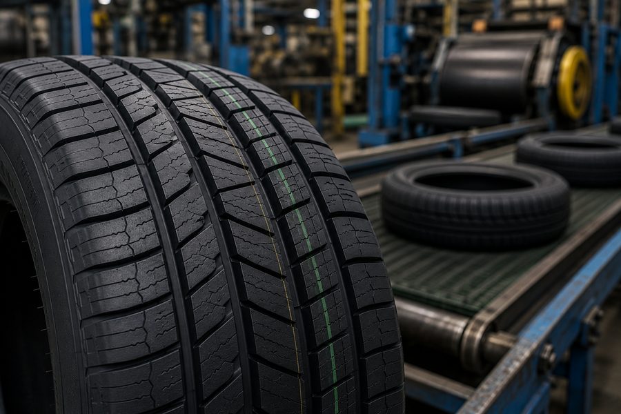 New tyre tread on a production line
